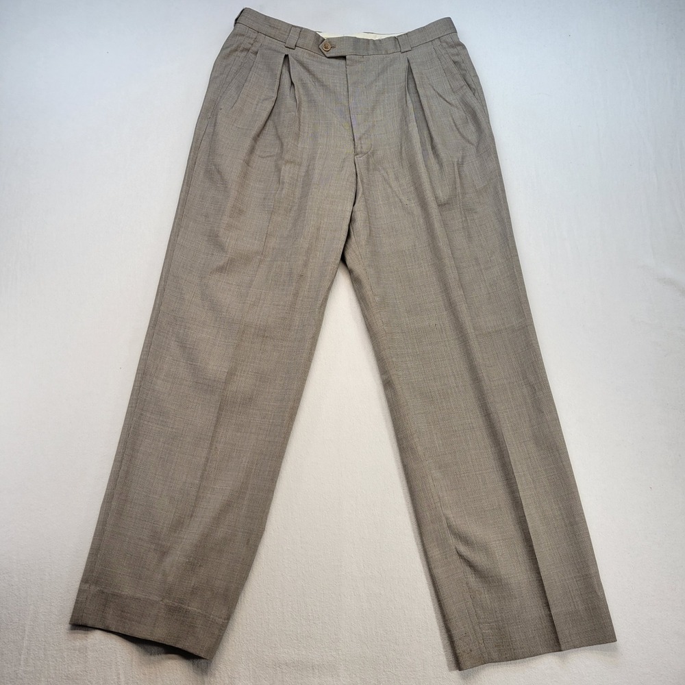 Armani Collezioni Dress Pants Mens 34 Tan Pleated Micro-Houndstooth Cuffed Italy